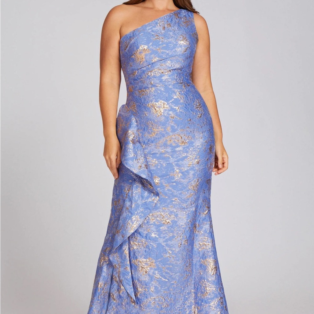 Rickie Freeman Teri John sky blue and gold one-shoulder floor length gown, size